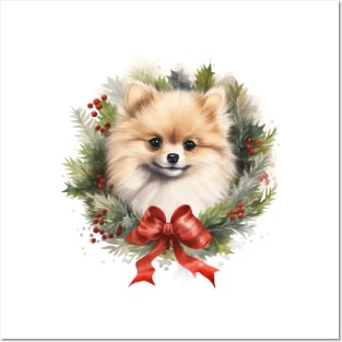 Christmas Pomeranian Dog Wreath Posters and Art